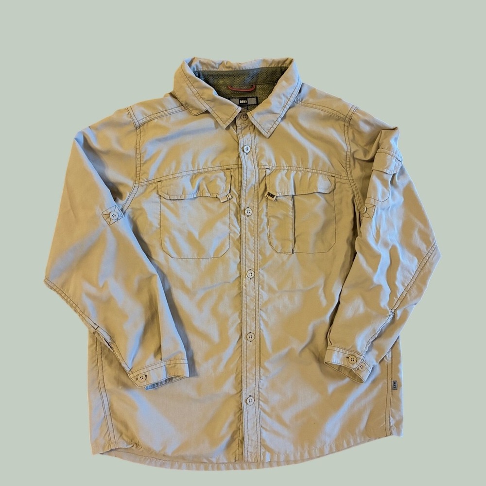 REI Boys XL 16/18 Sahara Long Sleeve Hiking Shirt Tan UPF 30 Quick Dry Nylon